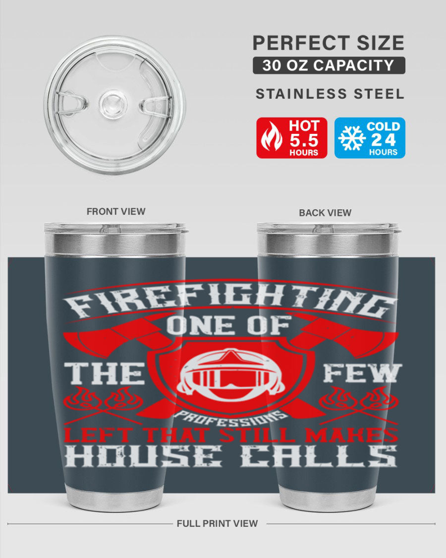 Firefighting tumbler made of double wall vacuum stainless steel with copper lining, featuring a press-in drink-thru lid, ideal for hot and cold beverages.