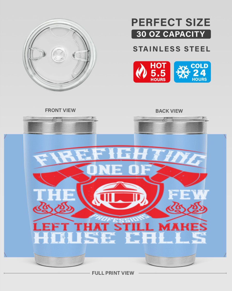 Firefighting tumbler made of double wall vacuum stainless steel with copper lining, featuring a press-in drink-thru lid, ideal for hot and cold beverages.