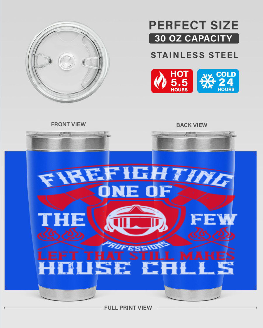 Firefighting tumbler made of double wall vacuum stainless steel with copper lining, featuring a press-in drink-thru lid, ideal for hot and cold beverages.