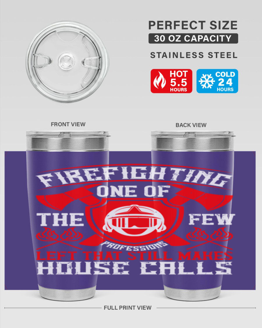 Firefighting tumbler made of double wall vacuum stainless steel with copper lining, featuring a press-in drink-thru lid, ideal for hot and cold beverages.