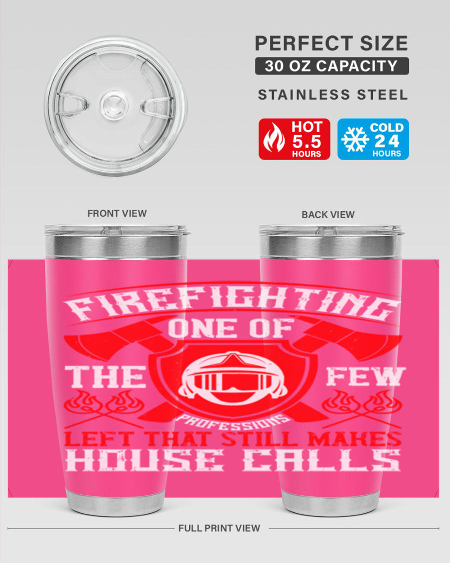 Firefighting tumbler made of double wall vacuum stainless steel with copper lining, featuring a press-in drink-thru lid, ideal for hot and cold beverages.