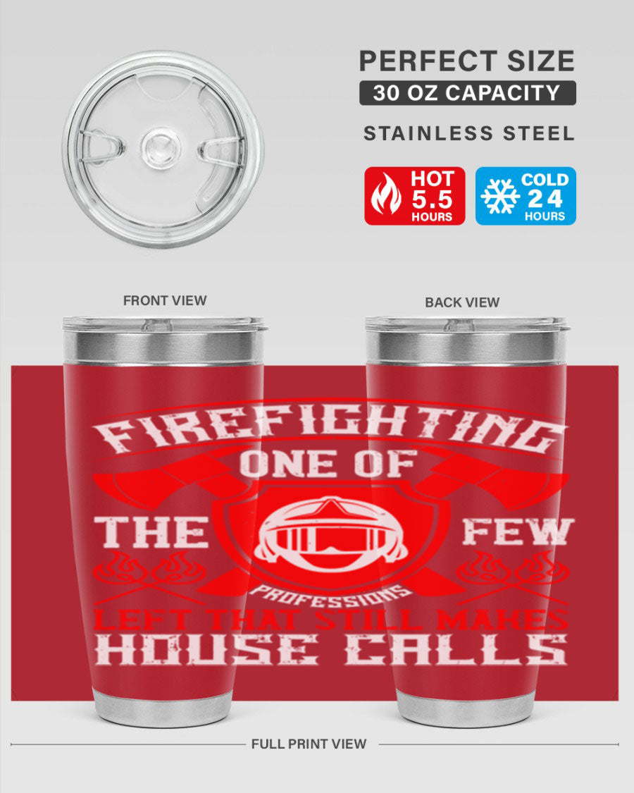 Firefighting tumbler made of double wall vacuum stainless steel with copper lining, featuring a press-in drink-thru lid, ideal for hot and cold beverages.