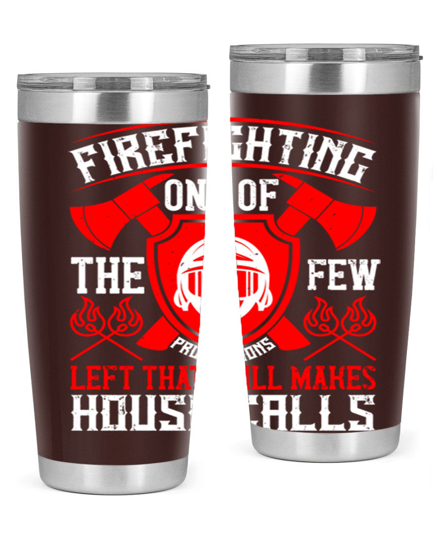 Firefighting tumbler made of double wall vacuum stainless steel with copper lining, featuring a press-in drink-thru lid, ideal for hot and cold beverages.