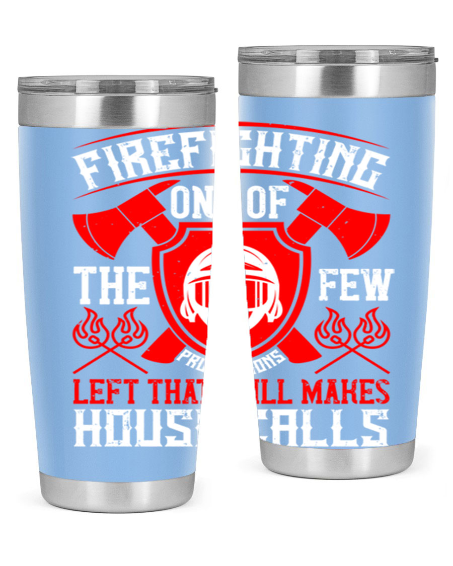 Firefighting tumbler made of double wall vacuum stainless steel with copper lining, featuring a press-in drink-thru lid, ideal for hot and cold beverages.