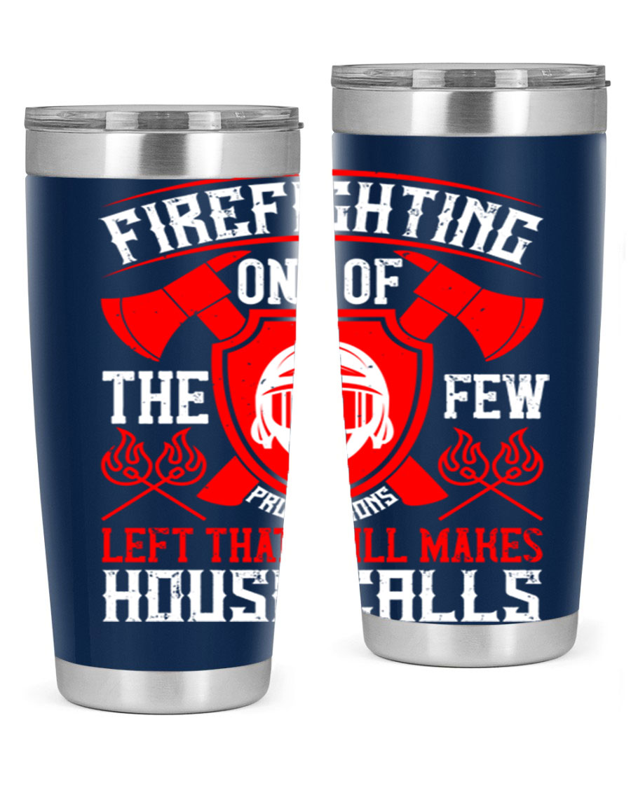 Firefighting tumbler made of double wall vacuum stainless steel with copper lining, featuring a press-in drink-thru lid, ideal for hot and cold beverages.