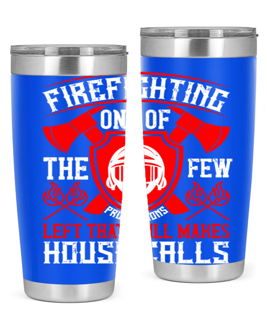 Firefighting tumbler made of double wall vacuum stainless steel with copper lining, featuring a press-in drink-thru lid, ideal for hot and cold beverages.