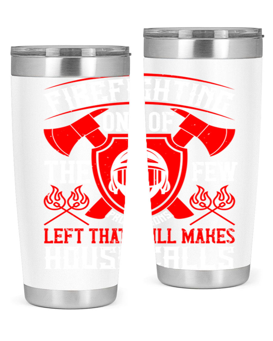 Firefighting tumbler made of double wall vacuum stainless steel with copper lining, featuring a press-in drink-thru lid, ideal for hot and cold beverages.