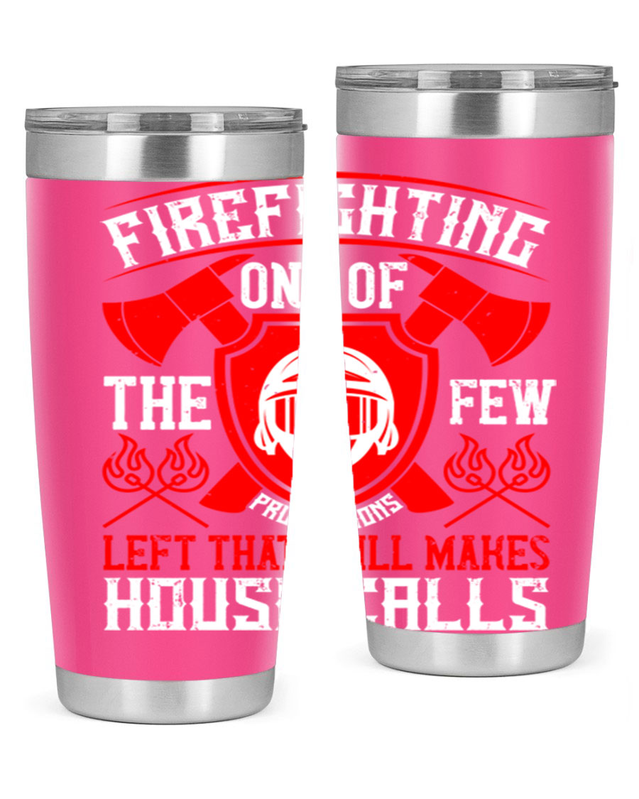 Firefighting tumbler made of double wall vacuum stainless steel with copper lining, featuring a press-in drink-thru lid, ideal for hot and cold beverages.