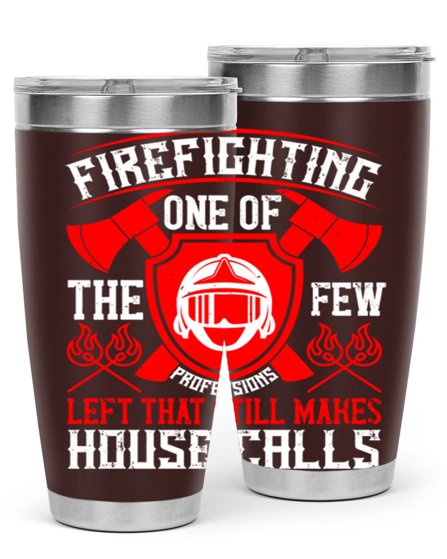 Firefighting tumbler made of double wall vacuum stainless steel with copper lining, featuring a press-in drink-thru lid, ideal for hot and cold beverages.