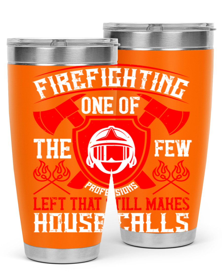 Firefighting tumbler made of double wall vacuum stainless steel with copper lining, featuring a press-in drink-thru lid, ideal for hot and cold beverages.