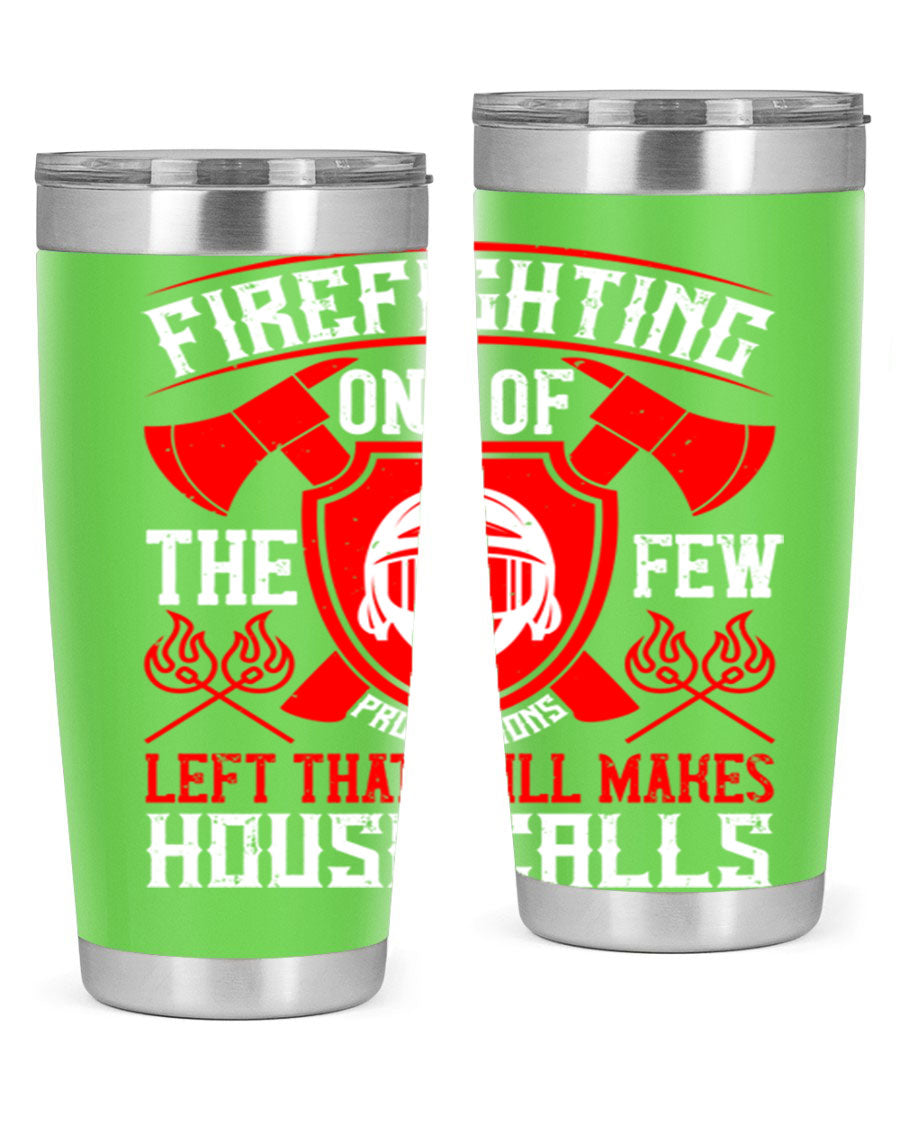 Firefighting tumbler made of double wall vacuum stainless steel with copper lining, featuring a press-in drink-thru lid, ideal for hot and cold beverages.