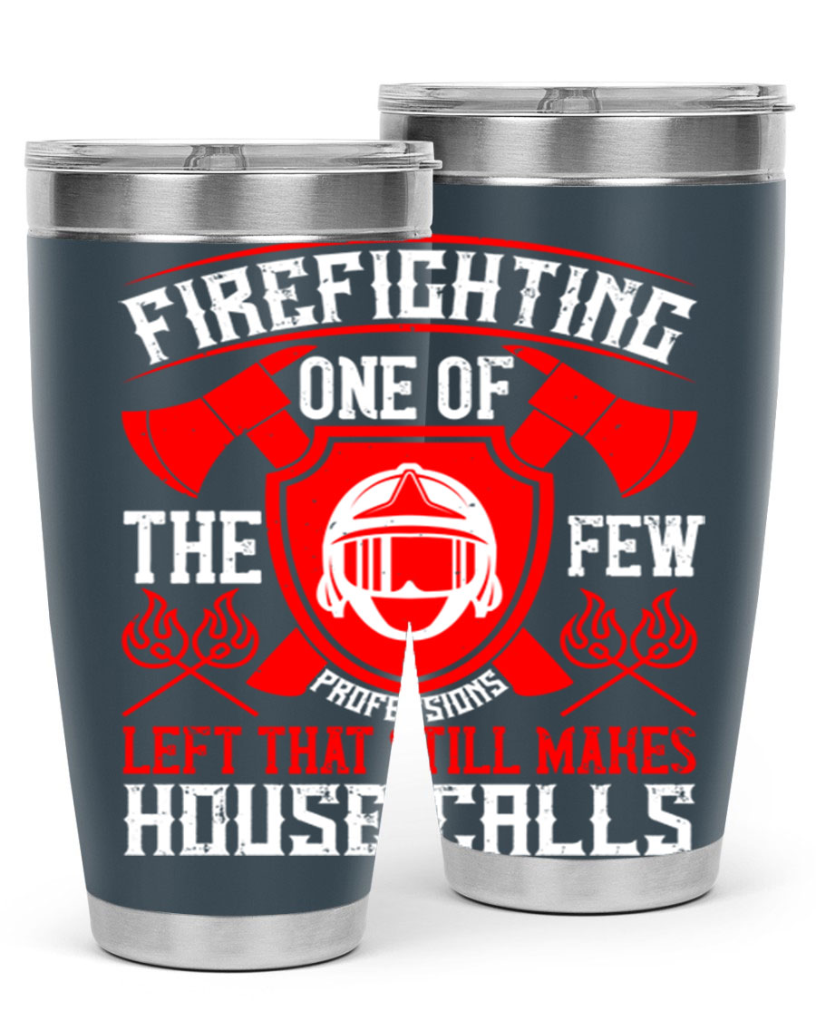 Firefighting tumbler made of double wall vacuum stainless steel with copper lining, featuring a press-in drink-thru lid, ideal for hot and cold beverages.