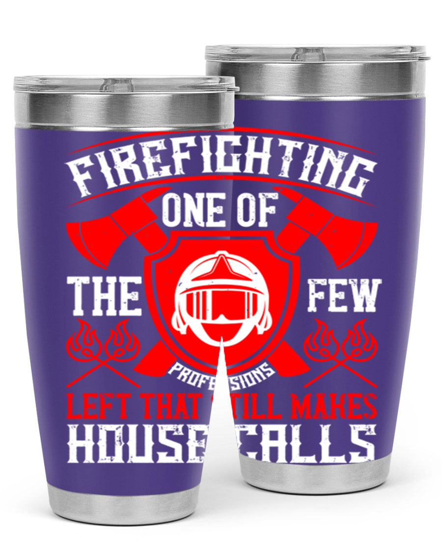 Firefighting tumbler made of double wall vacuum stainless steel with copper lining, featuring a press-in drink-thru lid, ideal for hot and cold beverages.