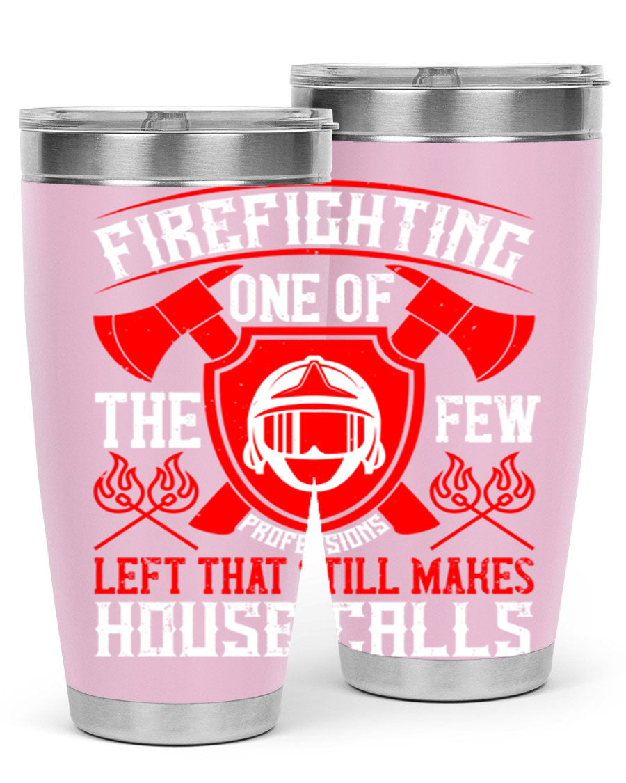 Firefighting tumbler made of double wall vacuum stainless steel with copper lining, featuring a press-in drink-thru lid, ideal for hot and cold beverages.