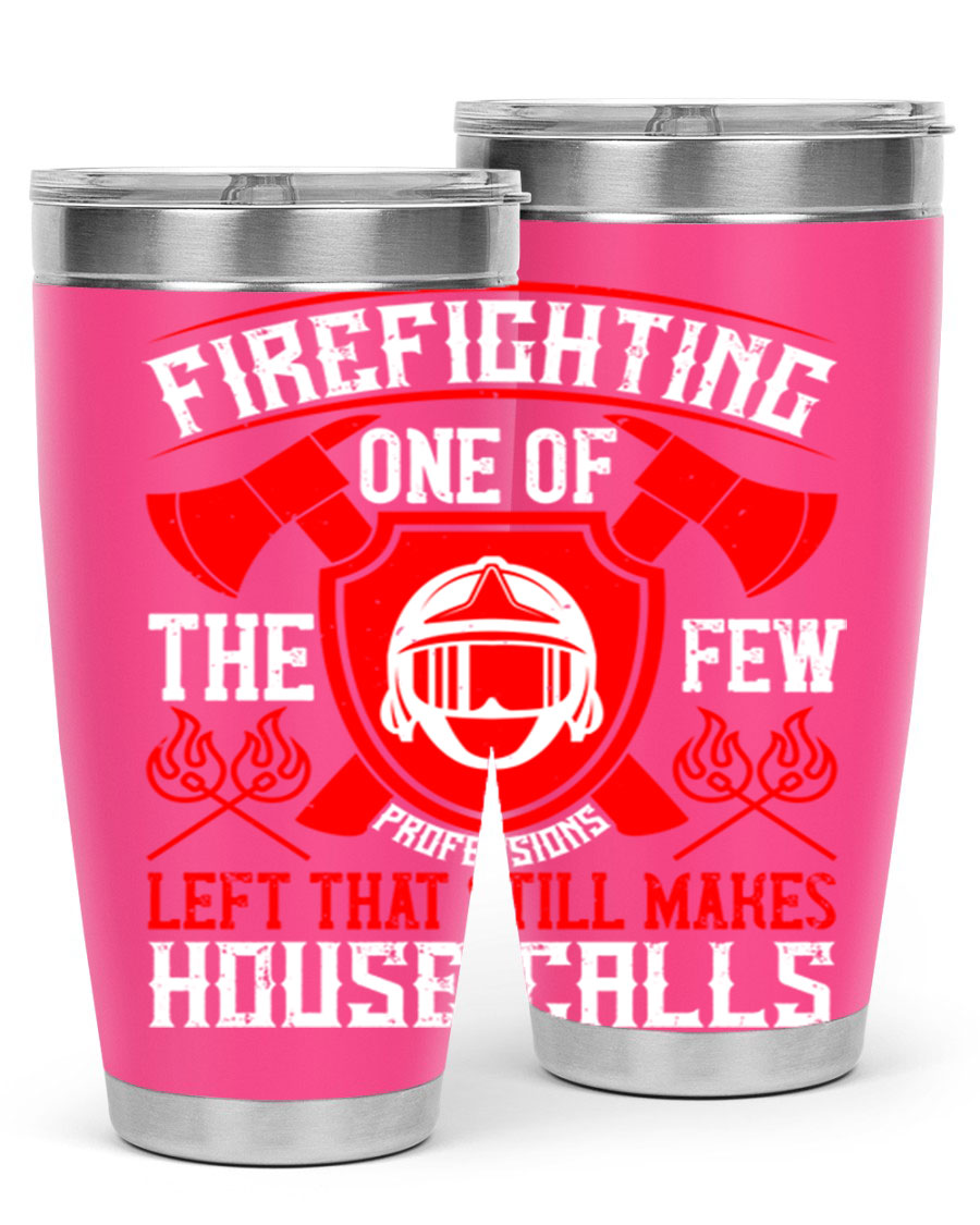 Firefighting tumbler made of double wall vacuum stainless steel with copper lining, featuring a press-in drink-thru lid, ideal for hot and cold beverages.