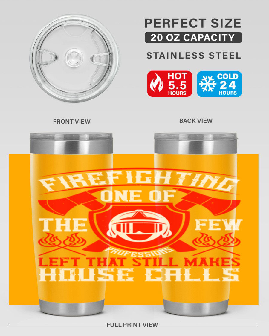 Firefighting tumbler made of double wall vacuum stainless steel with copper lining, featuring a press-in drink-thru lid, ideal for hot and cold beverages.