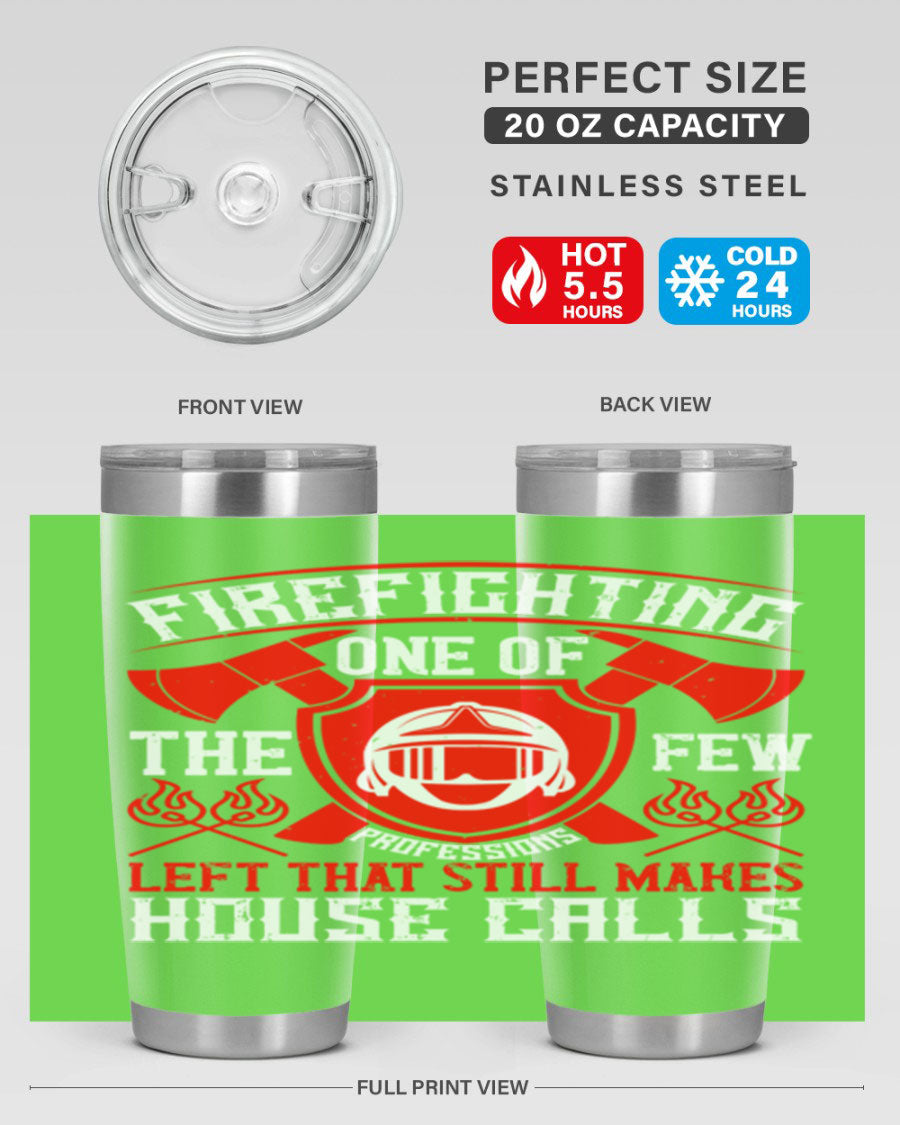 Firefighting tumbler made of double wall vacuum stainless steel with copper lining, featuring a press-in drink-thru lid, ideal for hot and cold beverages.