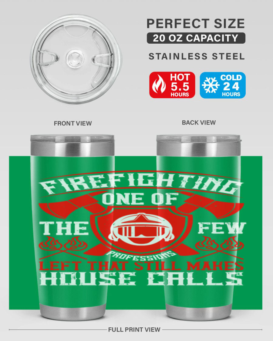 Firefighting tumbler made of double wall vacuum stainless steel with copper lining, featuring a press-in drink-thru lid, ideal for hot and cold beverages.