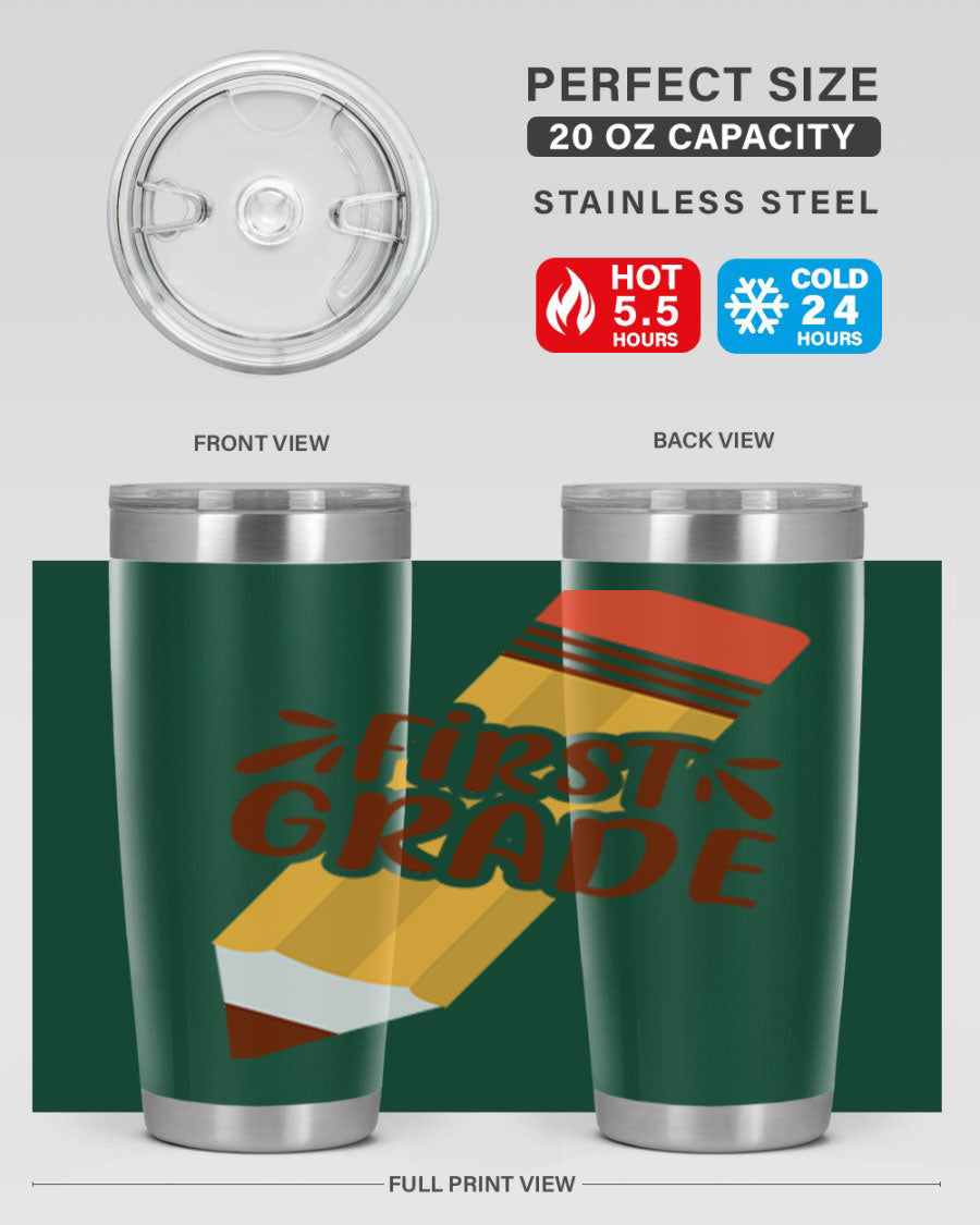 First Gradee 18# Tumbler in stainless steel with a drink-thru lid, showcasing its sleek design and vibrant print.
