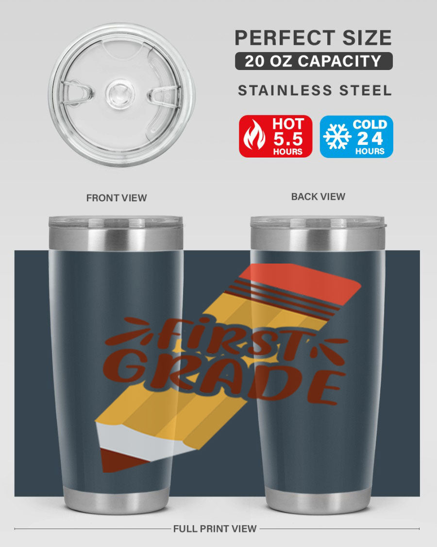 First Gradee 18# Tumbler in stainless steel with a drink-thru lid, showcasing its sleek design and vibrant print.