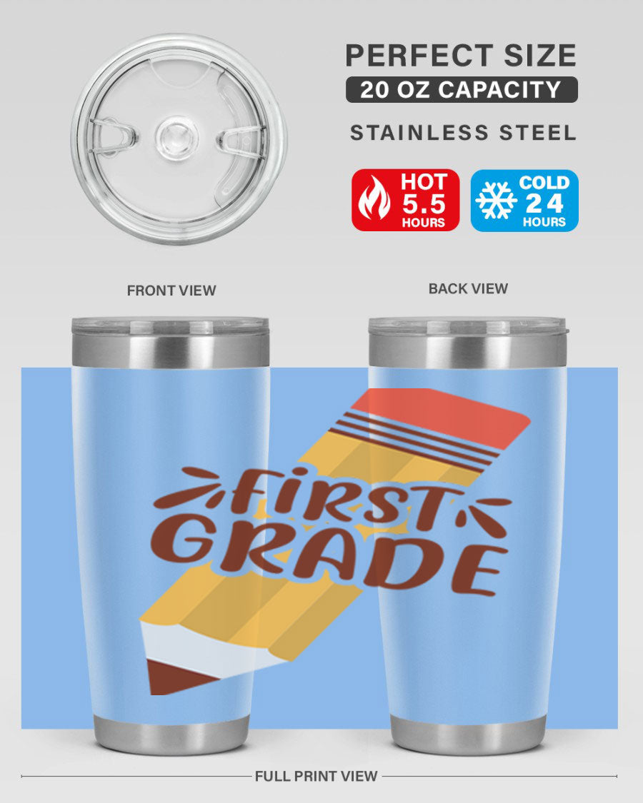 First Gradee 18# Tumbler in stainless steel with a drink-thru lid, showcasing its sleek design and vibrant print.