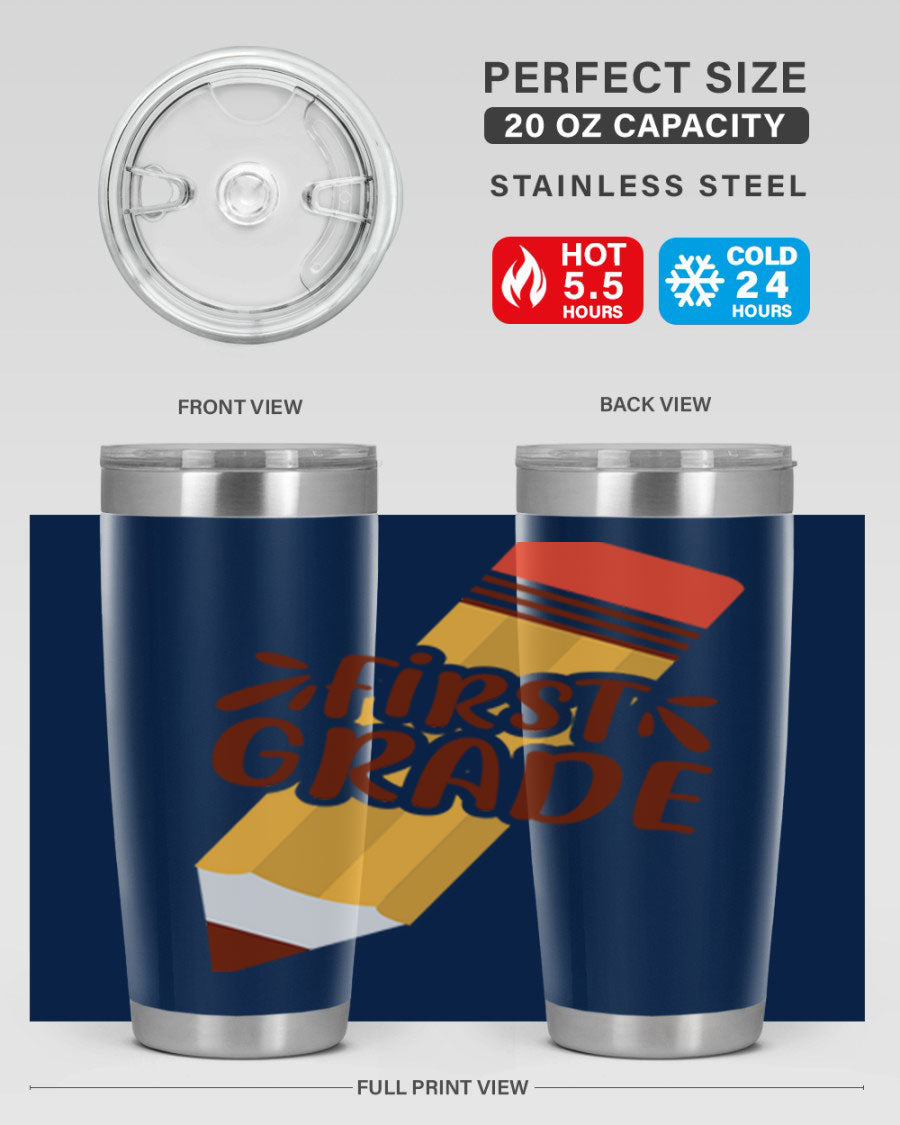 First Gradee 18# Tumbler in stainless steel with a drink-thru lid, showcasing its sleek design and vibrant print.