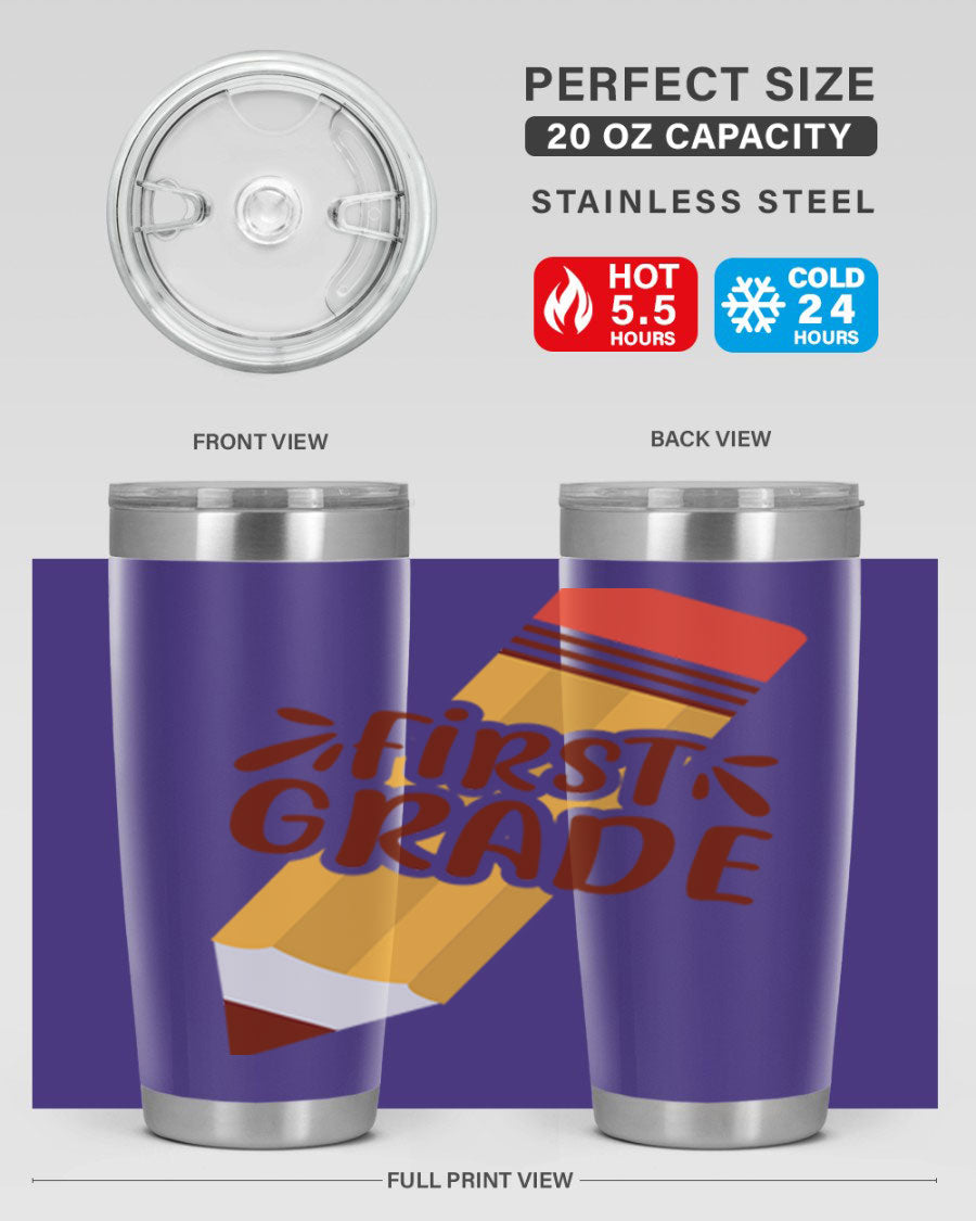 First Gradee 18# Tumbler in stainless steel with a drink-thru lid, showcasing its sleek design and vibrant print.