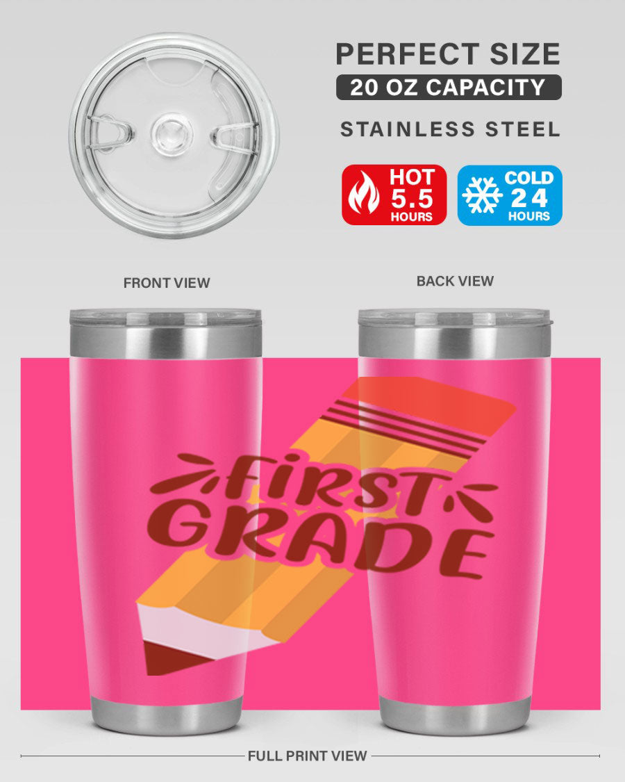First Gradee 18# Tumbler in stainless steel with a drink-thru lid, showcasing its sleek design and vibrant print.