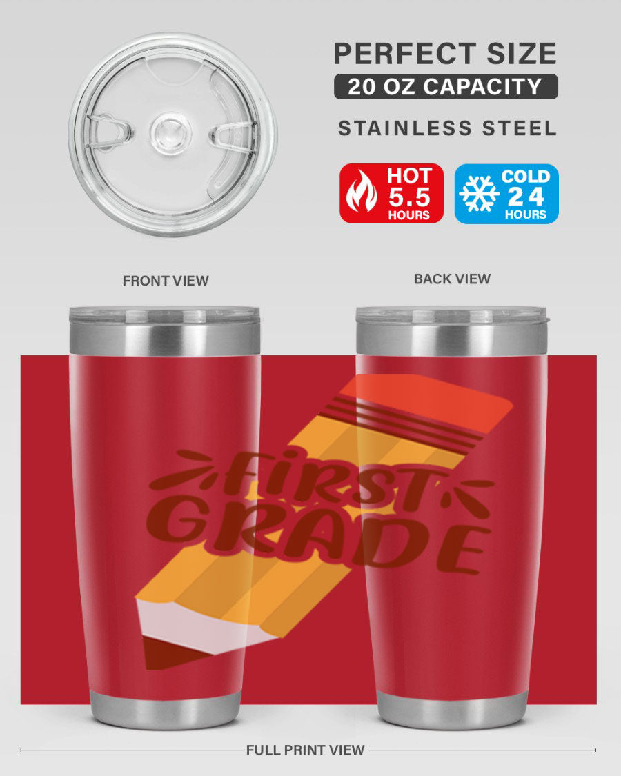 First Gradee 18# Tumbler in stainless steel with a drink-thru lid, showcasing its sleek design and vibrant print.
