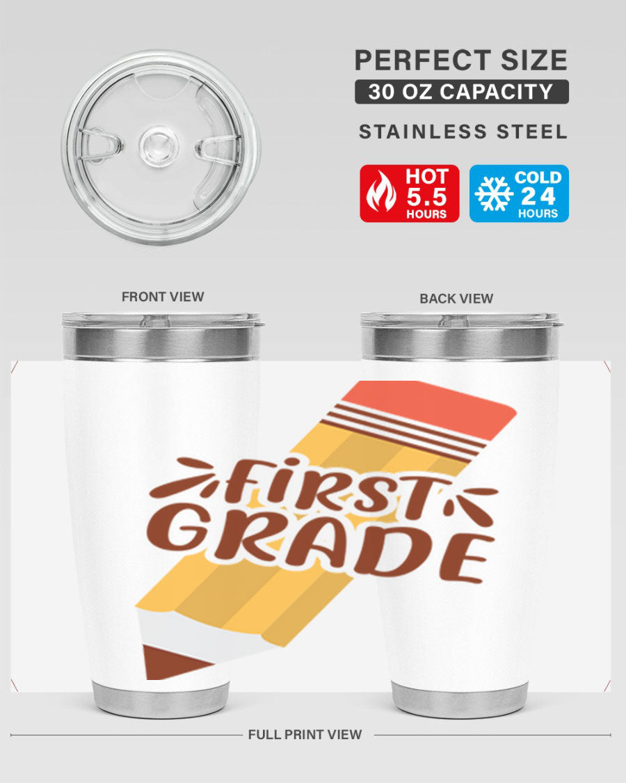 First Gradee 18# Tumbler in stainless steel with a drink-thru lid, showcasing its sleek design and vibrant print.