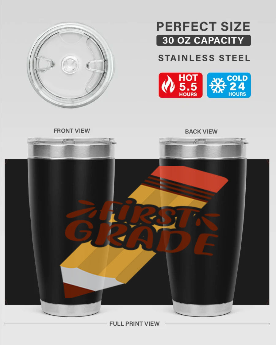 First Gradee 18# Tumbler in stainless steel with a drink-thru lid, showcasing its sleek design and vibrant print.