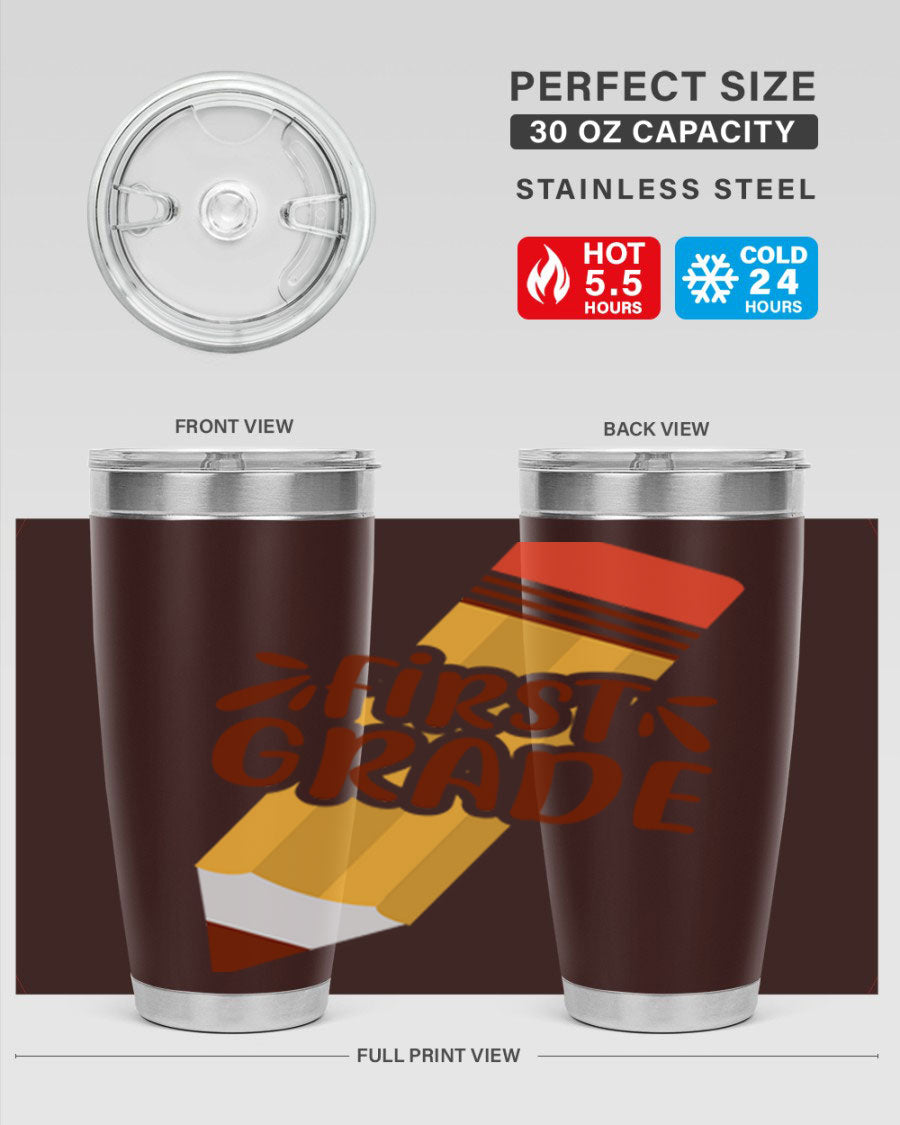 First Gradee 18# Tumbler in stainless steel with a drink-thru lid, showcasing its sleek design and vibrant print.