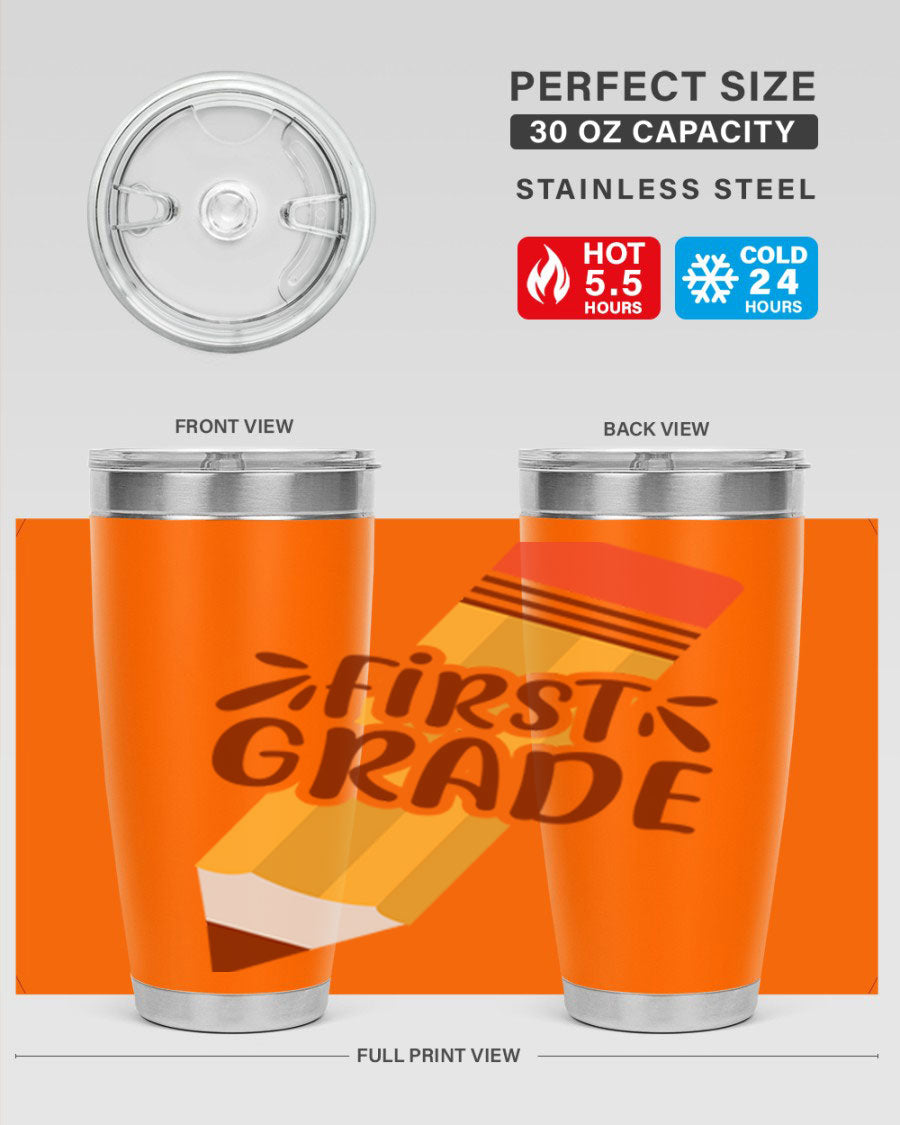 First Gradee 18# Tumbler in stainless steel with a drink-thru lid, showcasing its sleek design and vibrant print.