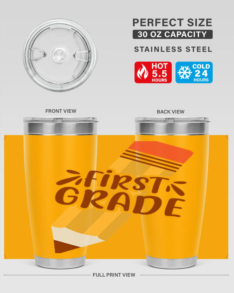 First Gradee 18# Tumbler in stainless steel with a drink-thru lid, showcasing its sleek design and vibrant print.