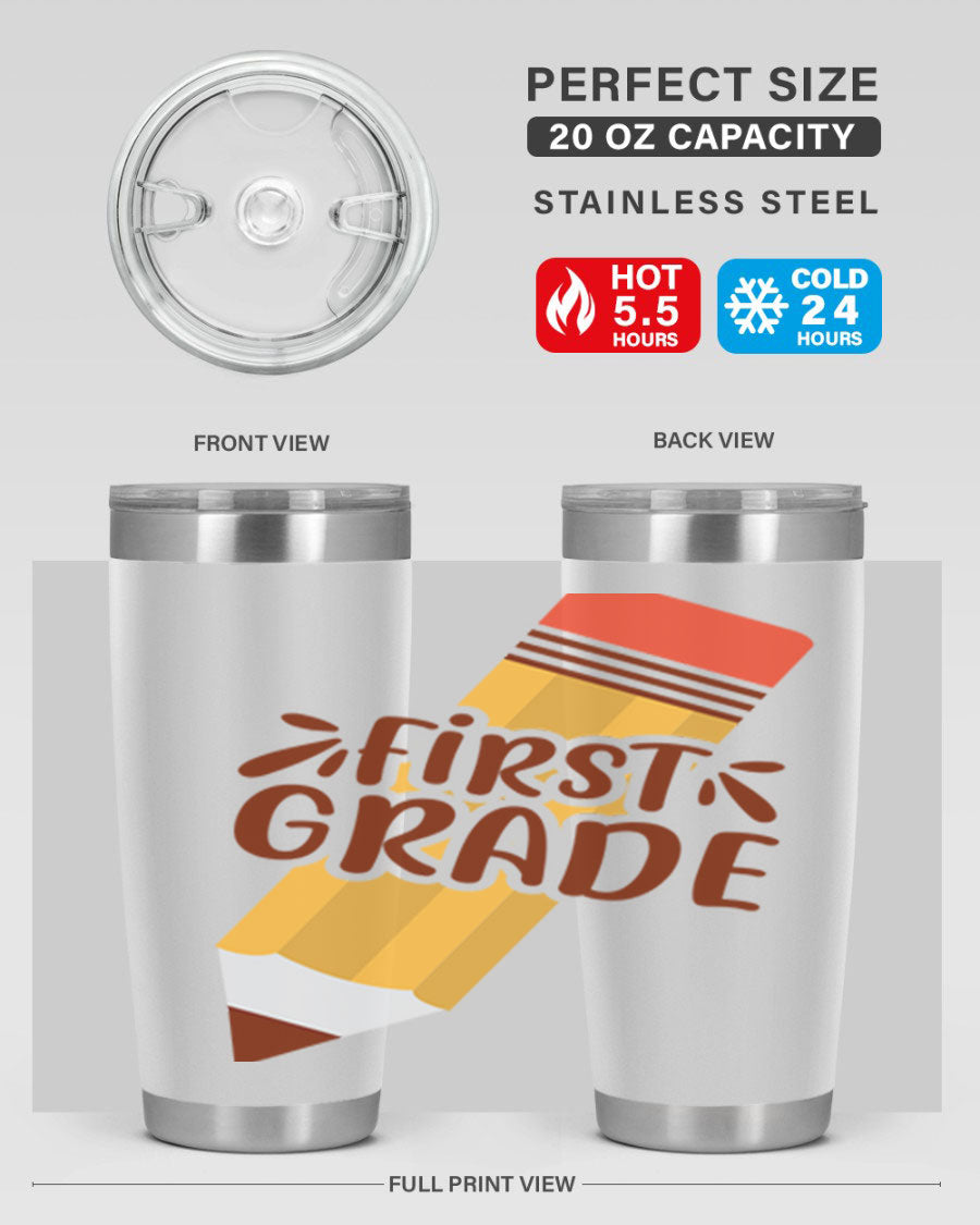 First Gradee 18# Tumbler in stainless steel with a drink-thru lid, showcasing its sleek design and vibrant print.