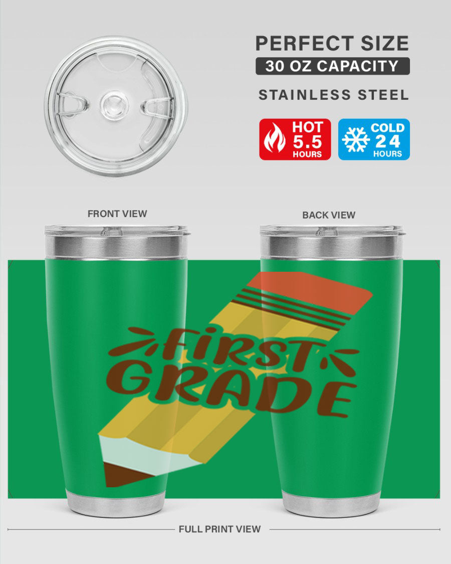 First Gradee 18# Tumbler in stainless steel with a drink-thru lid, showcasing its sleek design and vibrant print.