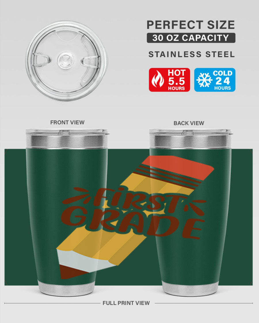 First Gradee 18# Tumbler in stainless steel with a drink-thru lid, showcasing its sleek design and vibrant print.