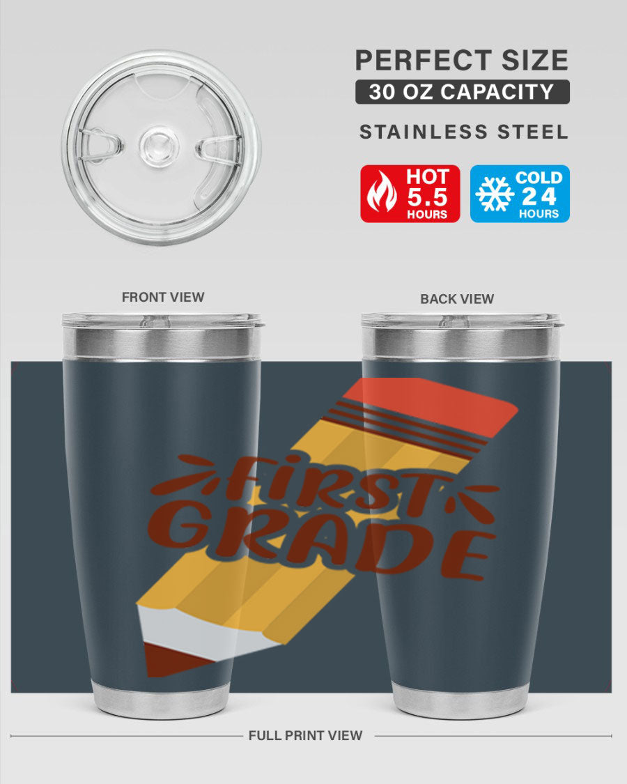 First Gradee 18# Tumbler in stainless steel with a drink-thru lid, showcasing its sleek design and vibrant print.