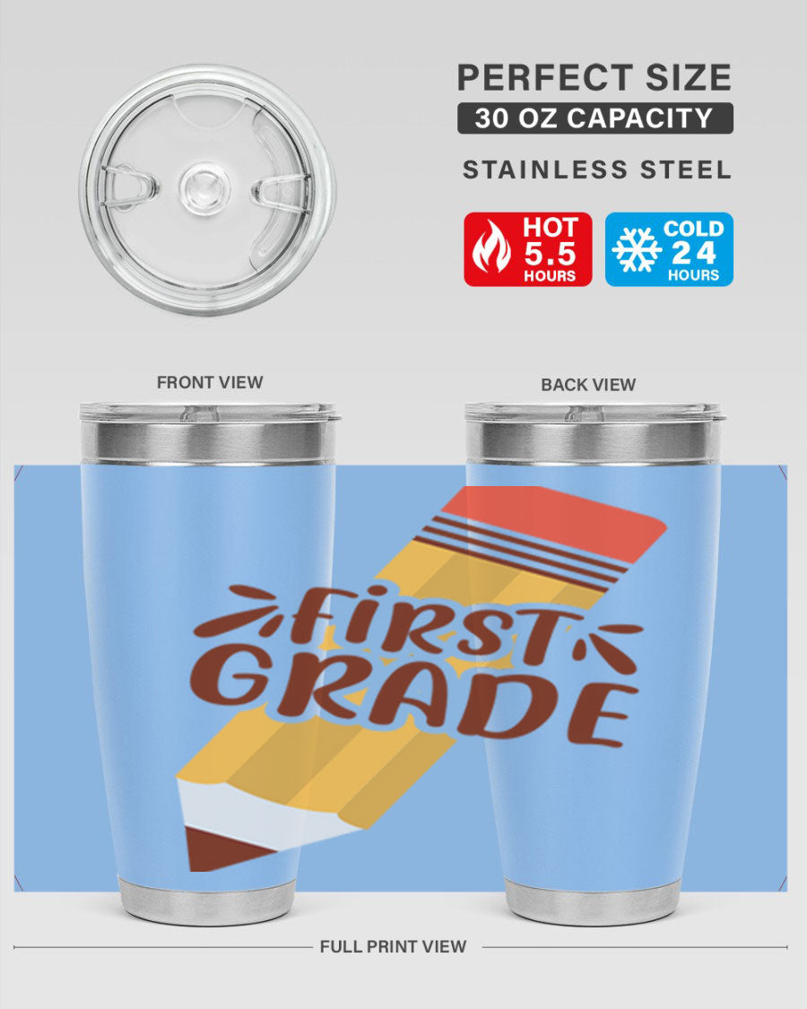 First Gradee 18# Tumbler in stainless steel with a drink-thru lid, showcasing its sleek design and vibrant print.