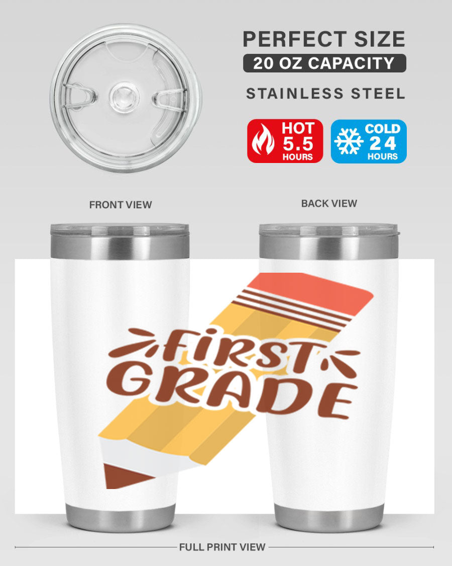 First Gradee 18# Tumbler in stainless steel with a drink-thru lid, showcasing its sleek design and vibrant print.