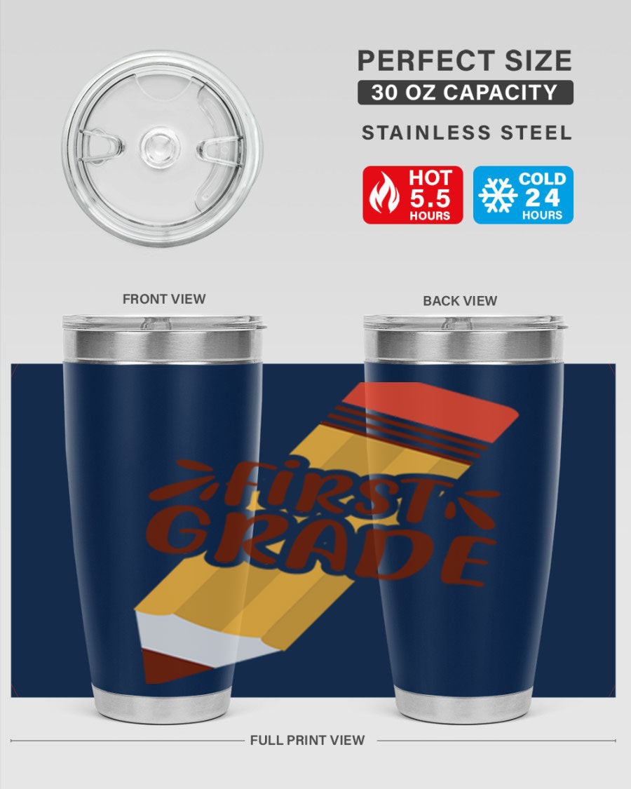 First Gradee 18# Tumbler in stainless steel with a drink-thru lid, showcasing its sleek design and vibrant print.