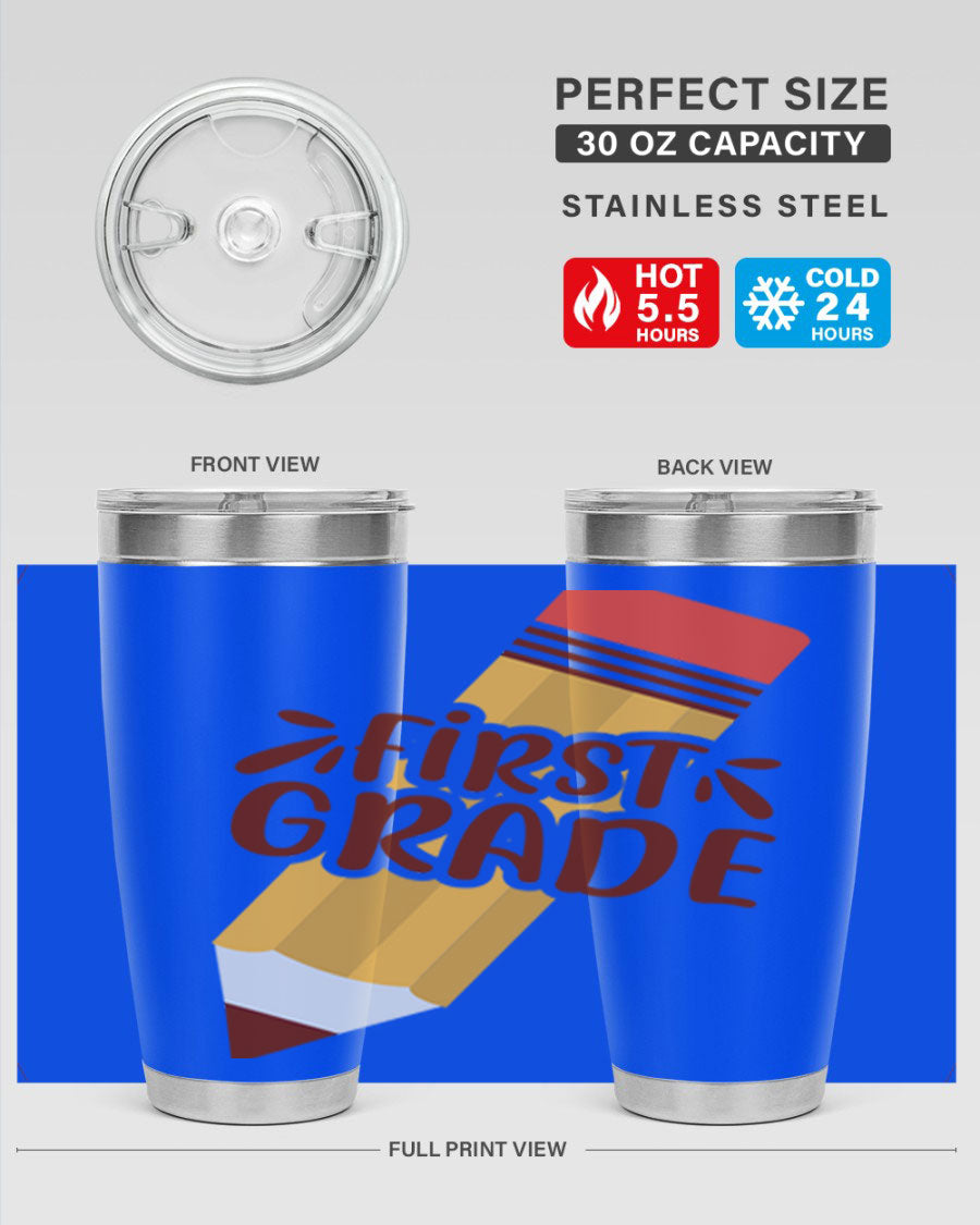 First Gradee 18# Tumbler in stainless steel with a drink-thru lid, showcasing its sleek design and vibrant print.