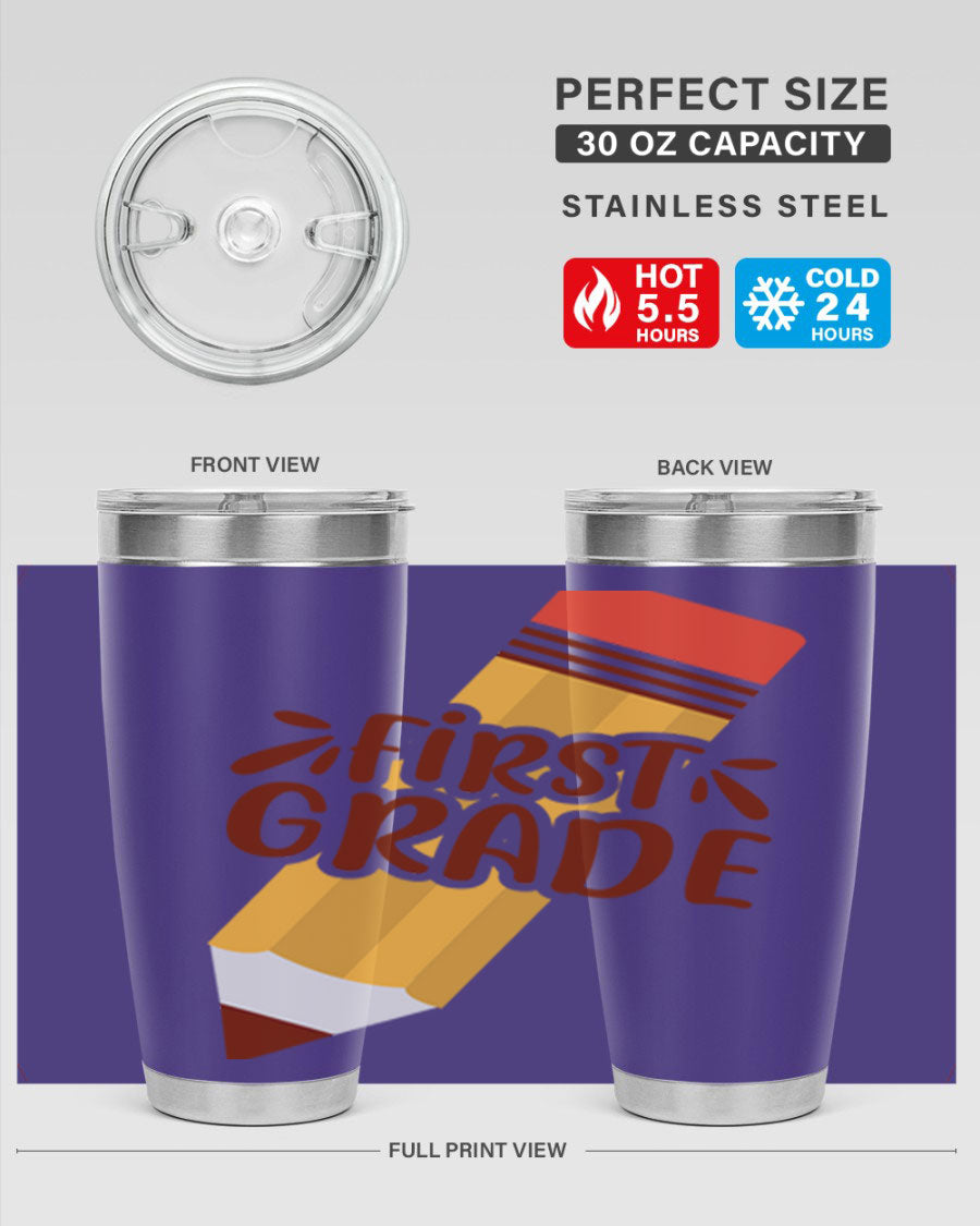 First Gradee 18# Tumbler in stainless steel with a drink-thru lid, showcasing its sleek design and vibrant print.
