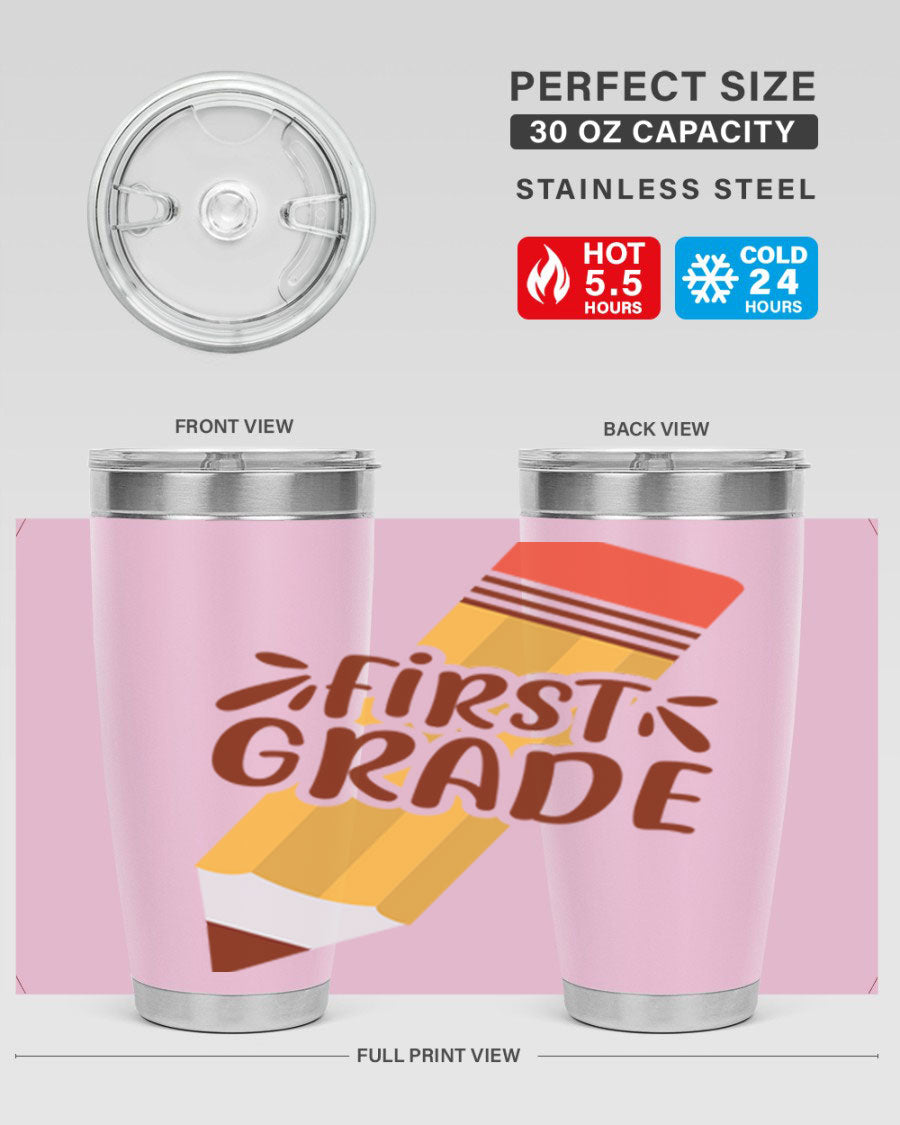 First Gradee 18# Tumbler in stainless steel with a drink-thru lid, showcasing its sleek design and vibrant print.