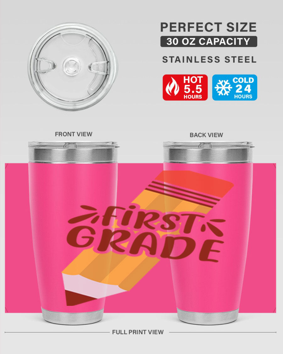 First Gradee 18# Tumbler in stainless steel with a drink-thru lid, showcasing its sleek design and vibrant print.