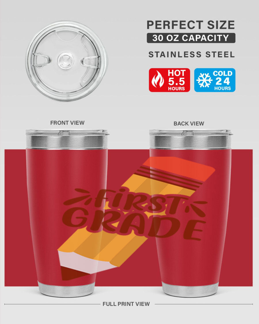 First Gradee 18# Tumbler in stainless steel with a drink-thru lid, showcasing its sleek design and vibrant print.