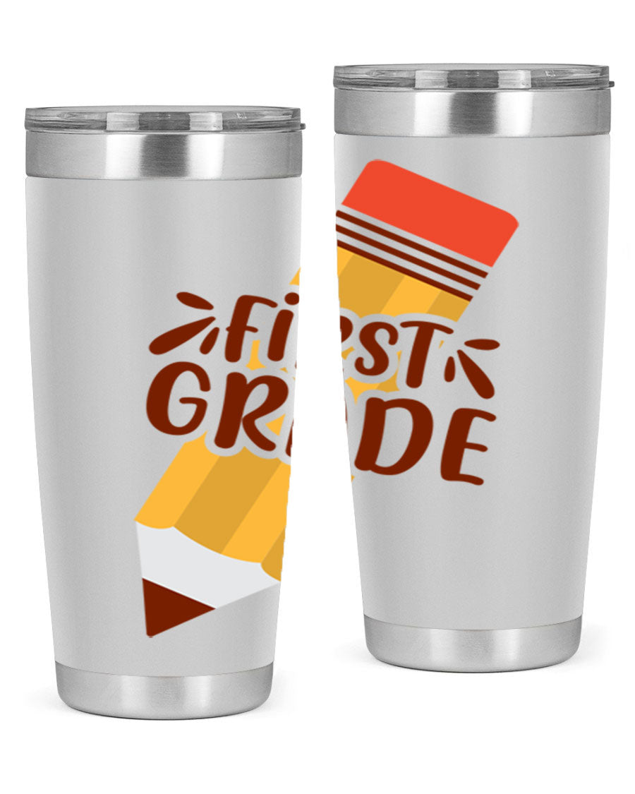 First Gradee 18# Tumbler in stainless steel with a drink-thru lid, showcasing its sleek design and vibrant print.