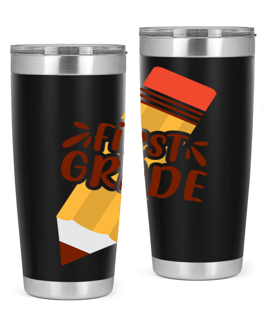 First Gradee 18# Tumbler in stainless steel with a drink-thru lid, showcasing its sleek design and vibrant print.