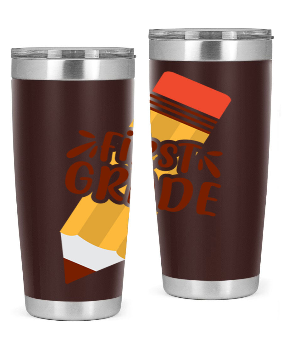 First Gradee 18# Tumbler in stainless steel with a drink-thru lid, showcasing its sleek design and vibrant print.
