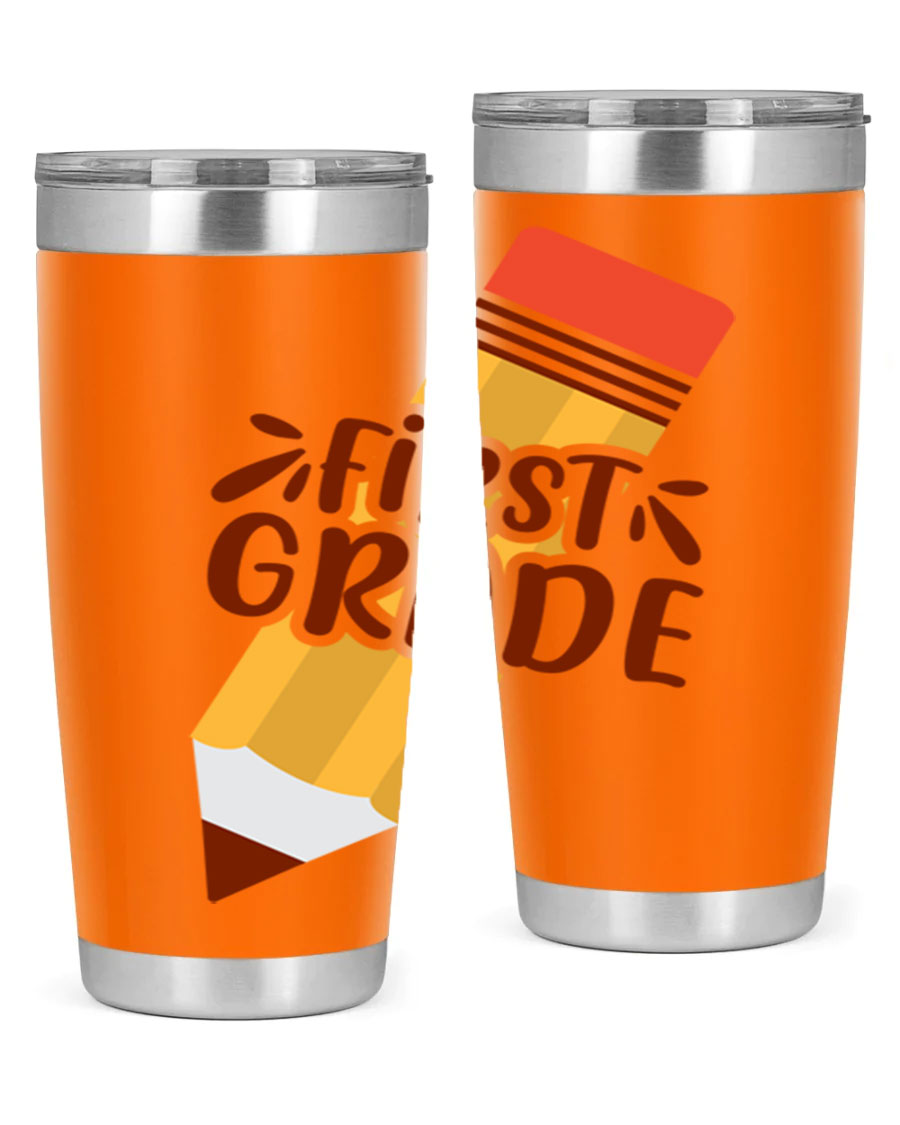 First Gradee 18# Tumbler in stainless steel with a drink-thru lid, showcasing its sleek design and vibrant print.